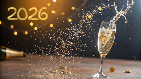 A champagne glass overflows with bubbly liquid, celebrating the arrival of 2026 with festive lights.の素材