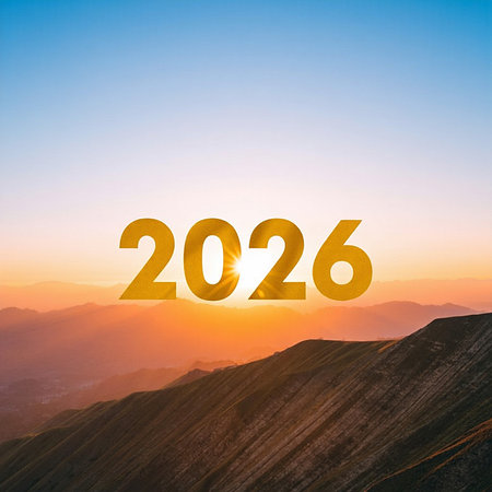 The year 2026 is illuminated by a golden sunrise over a rugged mountain landscape.の素材