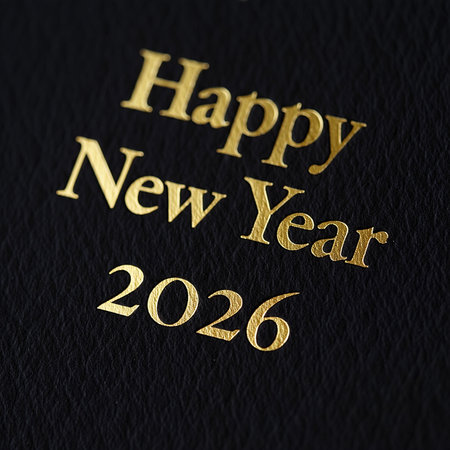 Elegant gold text wishing a Happy New Year 2026 on a dark textured background.の素材