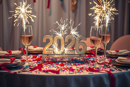 A festive table set for New Year's Eve with champagne, sparklers, and confetti.の素材