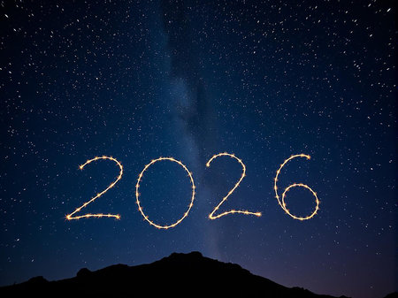 The year 2026 is written in light against a dark, star-filled sky above a silhouetted mountain.の素材