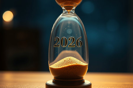 A close-up of an hourglass with the year 2020 etched into the glass, sand is visibly falling.の素材