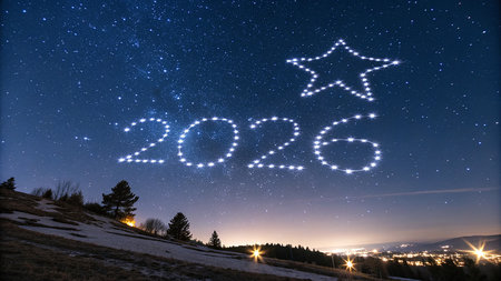 A glowing star formation spells out 2026 above a winter landscape and distant city lights.の素材