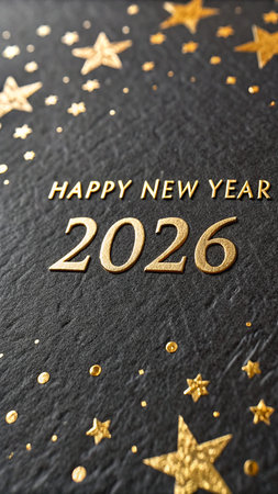 Golden text proclaims Happy New Year 2026 amidst a dark background with shimmering stars.の素材