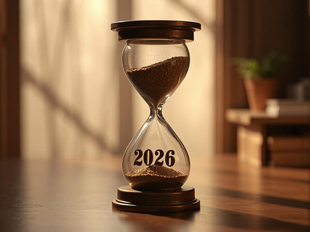 An hourglass with sand flowing down, marked with the year 2026, represents the passage of time.の素材