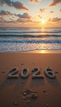 The numbers 2026 are etched into wet sand on a beach with a beautiful sunset.の素材