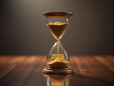 An hourglass with sand flowing, displaying the year 2023, symbolizing the passage of time.の素材