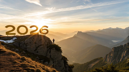 Golden numbers of 2026 stand tall on a mountain peak at sunrise with two people celebrating.の素材