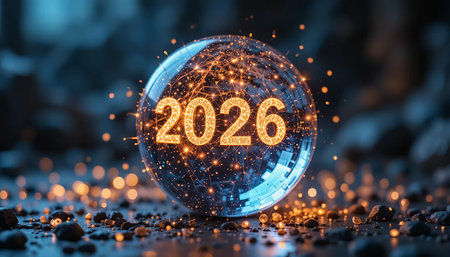 A glowing sphere with the year 2026 prominently displayed in orange, set against a dark, bokeh background.の素材