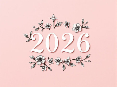 A soft pink background frames the year 2026 in elegant script surrounded by a floral wreath.の素材