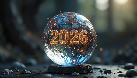 A glowing orb displaying the year 2026 sits on a dark surface surrounded by rocks.の素材