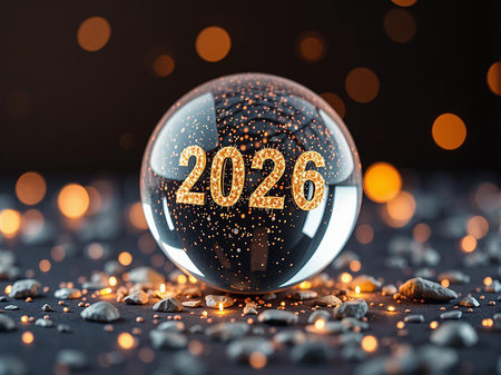A clear crystal ball displays the year 2026 illuminated by sparkling glitter and bokeh.の素材