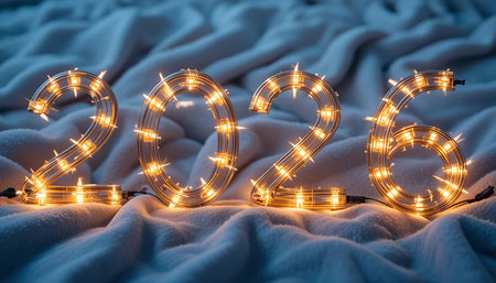 The year 2023 is formed by illuminated lights on a soft, textured surface.の素材