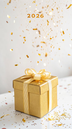 A festive golden gift box tied with a ribbon, showered with confetti and the year 2026.の素材