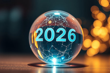 A glowing crystal ball displays the year 2026 with a futuristic digital network inside.の素材