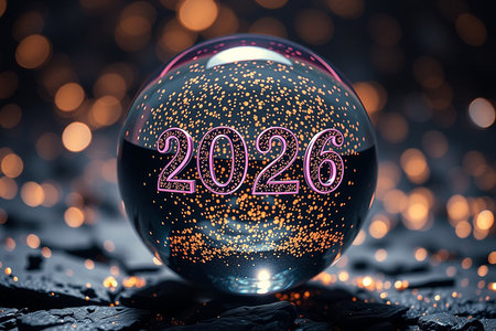 A clear crystal ball filled with glitter, displaying the year 2020, with soft bokeh lights in the background.の素材