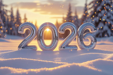 Shiny silver balloons spelling out 2026 sit in a snow-covered forest at sunset.の素材
