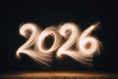 The year 2026 is illuminated with bright, fiery light painting against a dark background.の素材