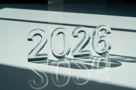 Clear acrylic numbers spelling out 2026 with dramatic shadows and reflections.の素材