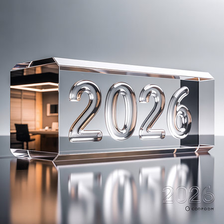 A clear crystal block displays the year 2026, reflecting an office interior.の素材