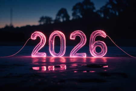 Bright pink neon numbers spelling out 2026 are illuminated and reflected on a wet surface.の素材