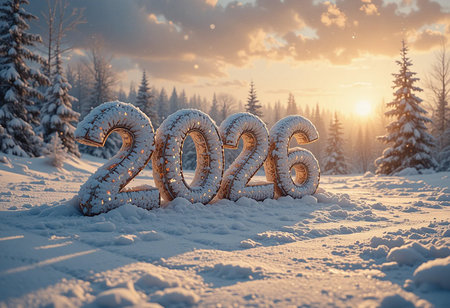 Silver balloons spelling 2025 stand in a snowy forest at sunset with warm light.の素材