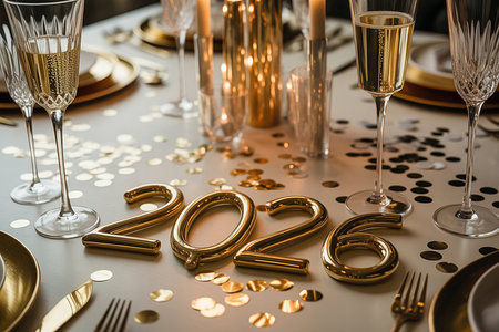 A festive table setting with champagne, confetti, and '2026' decorations for a New Year's Eve party.の素材