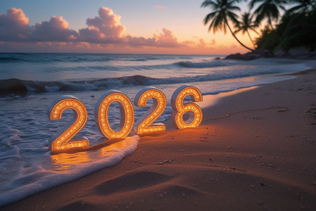 The year 2028 illuminated in glowing numbers on a serene beach with palm trees and ocean waves.の素材