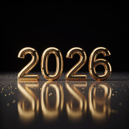 Shiny golden numbers 2026 are reflected on a dark, glossy surface with scattered glitter.の素材