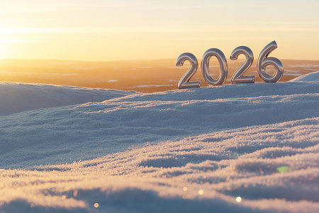 Metallic 2026 balloons hover over a sea of clouds during a vibrant sunrise.の素材
