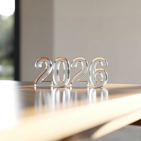 Transparent glass numbers spelling out 2028 sit on a glossy, reflective surface.の素材