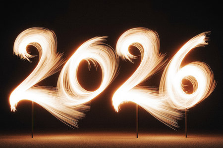 Brightly glowing sparkler numbers spell out 2026 in a dark, outdoor setting.の素材