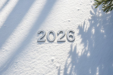 Silver numbers spelling out 2026 are placed on a snowy surface with pine needles.の素材