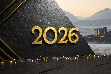 A golden 2026 year number prominently displayed on a dark, textured pyramid with a scenic mountain backdrop.の素材