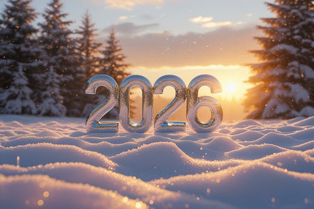 Large metallic numbers spelling 2023 stand in a snow covered forest at sunrise.の素材