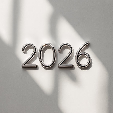 Metallic silver numbers spelling out 2026 cast shadows on a textured gray surface.の素材