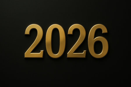 A close-up of the year 2026 rendered in textured golden numbers against a deep black backdrop.の素材