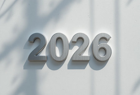 Three-dimensional metallic numbers spelling out 2026, casting realistic shadows on a textured white background.の素材