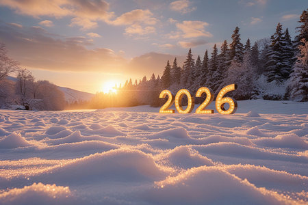 A glowing 2026 year superimposed on a serene winter scene at sunrise.の素材
