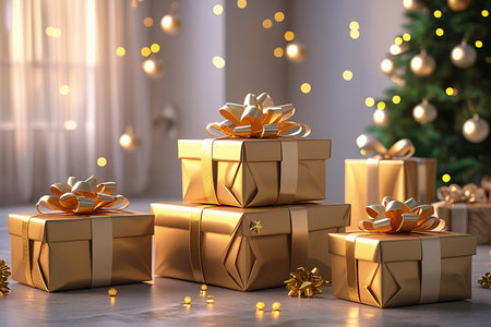 A festive scene with golden wrapped presents piled high, illuminated by soft bokeh lights.の素材
