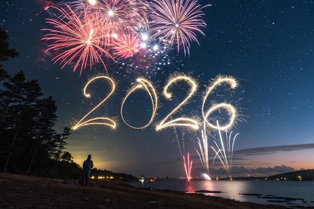A person watches as sparklers create the year 2026 against a backdrop of fireworks and stars.の素材