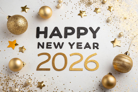 Festive New Year's Eve celebration with golden ornaments, stars, and confetti for 2026.の素材