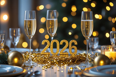 Elegant New Year's Eve table setting with champagne flutes, golden confetti, and sparkling lights.の素材