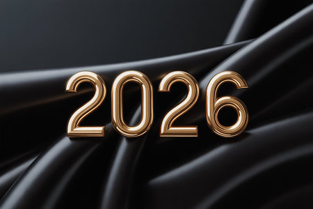Shiny golden numbers spelling out 2026 are elegantly draped over dark, flowing fabric.の素材