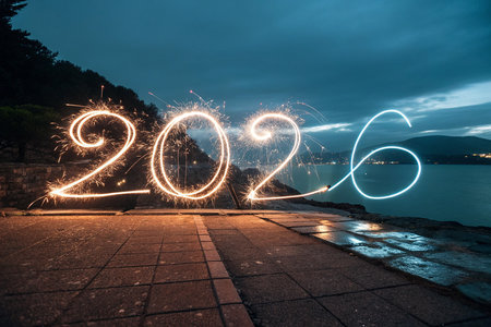 The year 2026 is illuminated by sparklers against a dramatic twilight sky.の素材