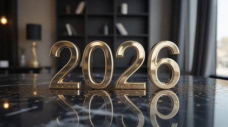 Shiny golden numerals spelling out the year 2026 displayed on a reflective dark surface.の素材