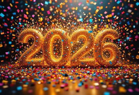 Golden 2026 balloons explode with light surrounded by a vibrant cascade of confetti.の素材
