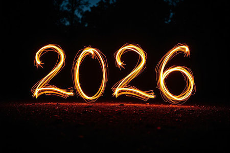 The year 2026 is written in glowing fire trails against a dark background.の素材