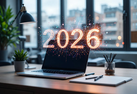 A modern office desk with a laptop displaying the year 2026 in glowing digital numbers.の素材