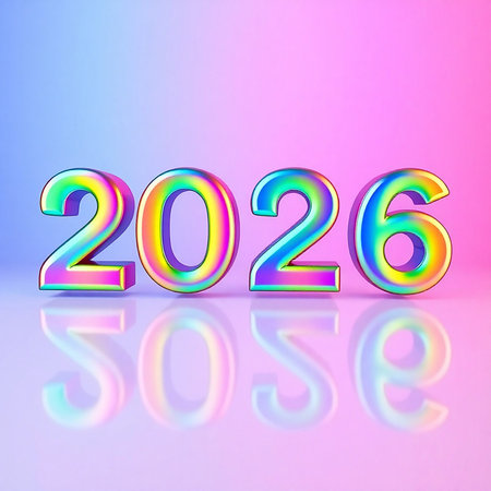 Shiny holographic numbers spelling out 2026 with a vibrant gradient background.の素材
